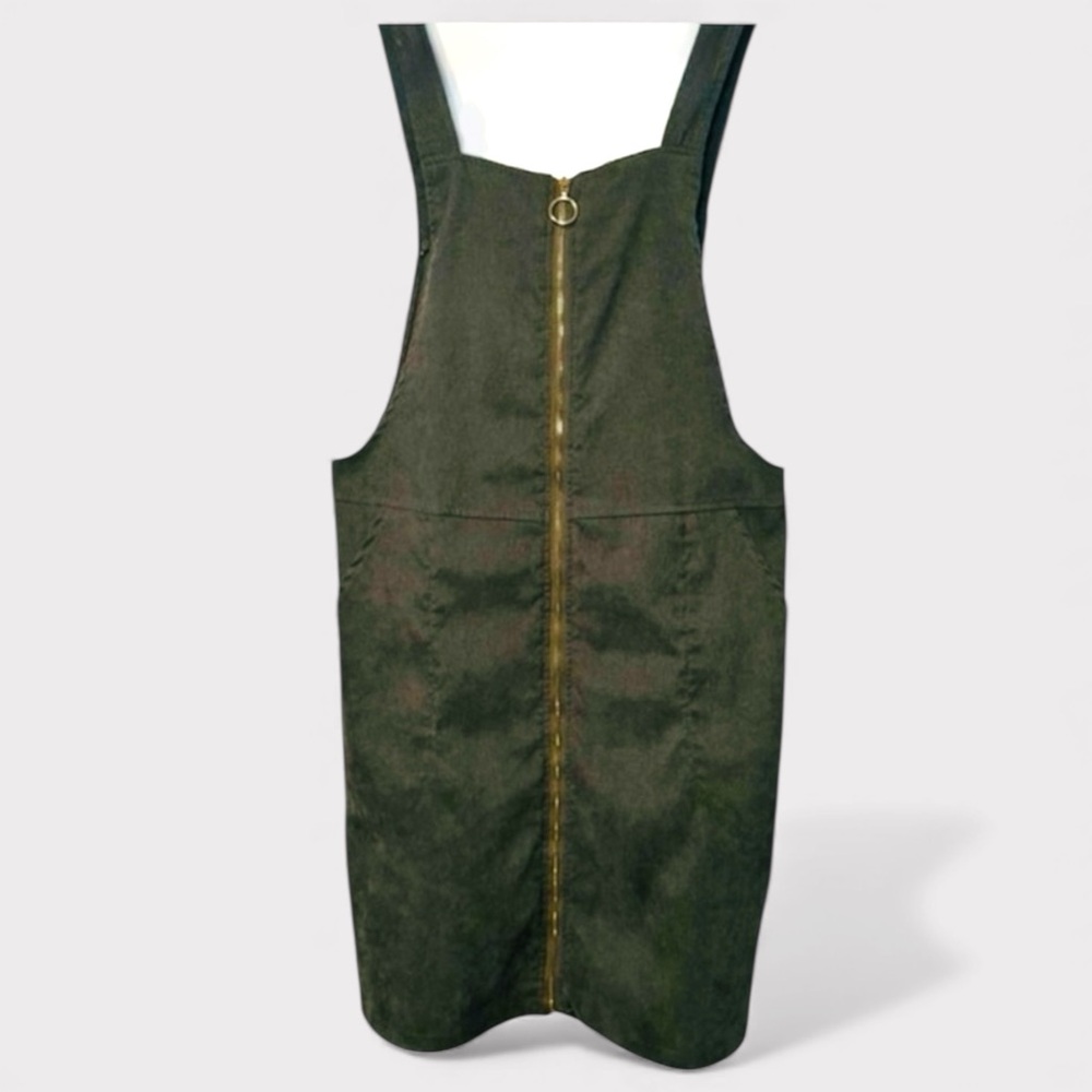 Army Green Corduroy Overall Dress with Pockets, Gold Zipper, size Medium